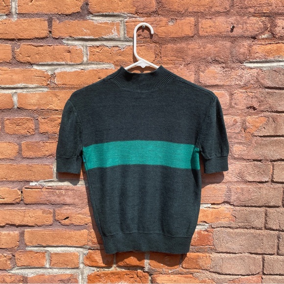 [SOLD on eBay] NWOT Free People Mock Neck Linen Blue/Green Striped Sweater XS - Picture 2 of 4